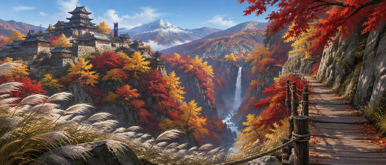 Ngarai berhutan maple merah dan ginkgo kuning, jalan papan di tebing, air terjun di bawah.